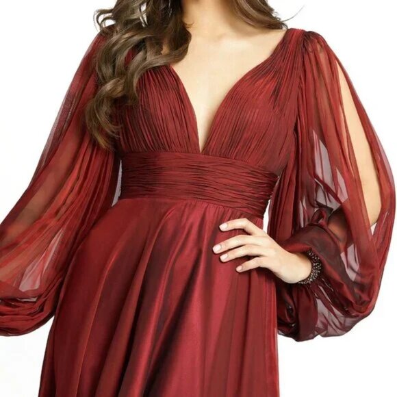 Mac Duggal 67414 Size 8 Long Sleeve V-Neck Red Chiffon Long Maxi Gown Dress - Picture 2 of 4